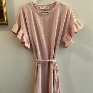 Emma And‎ Michele Pink Midi Dress With Tie Belt Ruffle Peasant Sleeves S Large